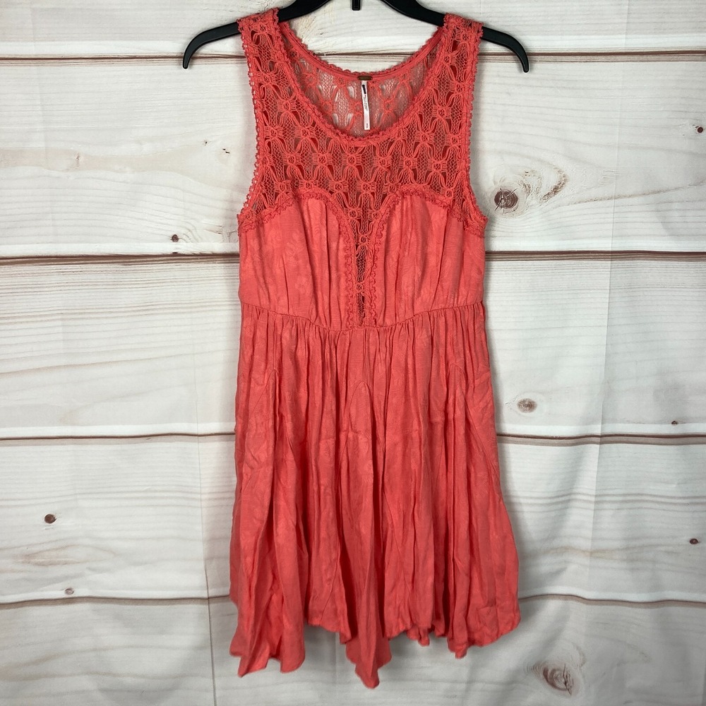 Free People Dress Women S Orange Mini Sleeveless Lace Bodice Solid Elastic Waist